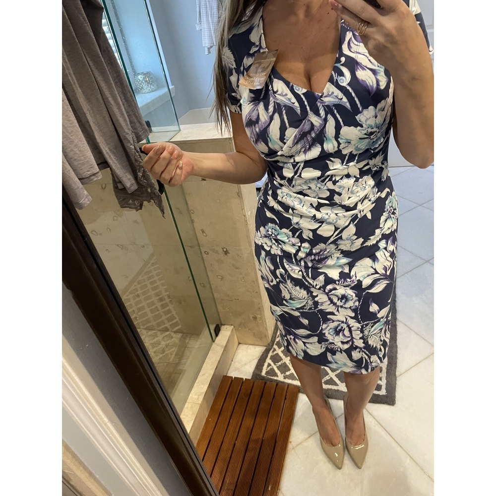 Soft Surroundings Hibiscus Dress XS Purple Blue Mock Wrap Floral Cotton Blend
